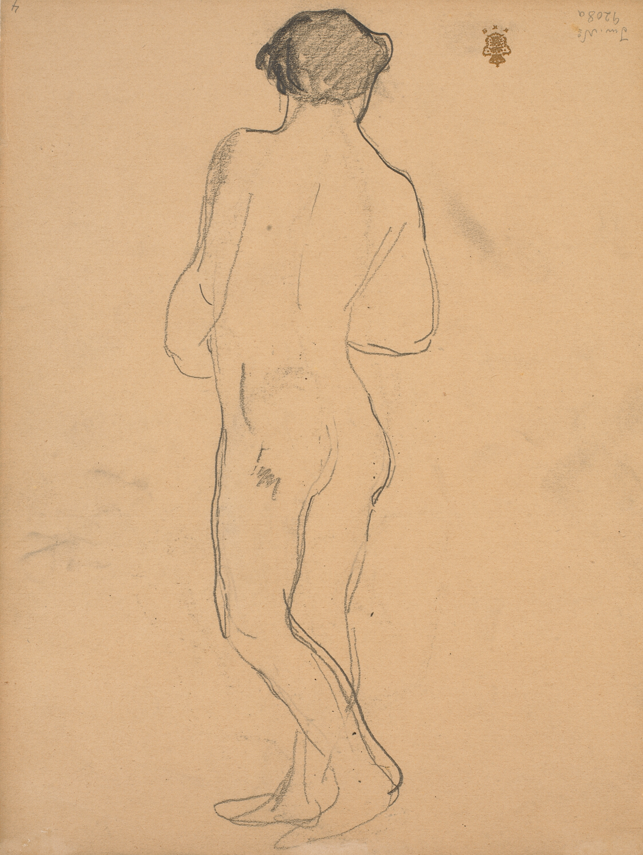 Stående, nøgen, kvindelig model set skråt bagfra